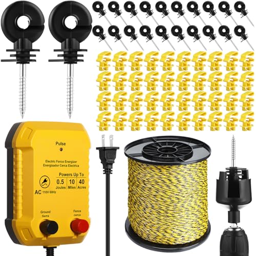 Electric Wire Fence Kit, 10 Mile 110vac 0.5 J Plug in Fence Charger with 3366 ft Polywire, 40 T Post Insulators, 20 Screw in Insulators for Pasture Farm Horse Cattle Poultry Fencing - size: 3366FT, style: 0.5J