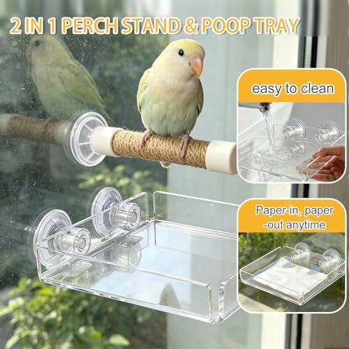 Suction Cup Bird Perch – Jute Rope Stand with Removable Acrylic Poop Tray, Multi-Surface Window Shower Car Travel Perch for Small to Medium Parrots, Budgies, Cockatiels, Lovebirds, Conures (medium)
