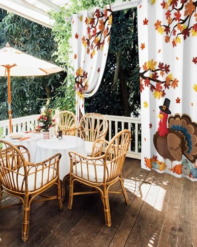 Outdoor Curtains for Patio, Turkey Waterproof Blackout Outside Curtain for Porch/Pergola/Gazebo, Thanksgiving Maple Leaf Orange Teal Blue Pumpkin Thermal Insulated Drapes, 2 Panels, 54 x 84 Inch - color: White, size: 54"W x 84"L (Pack of 2)