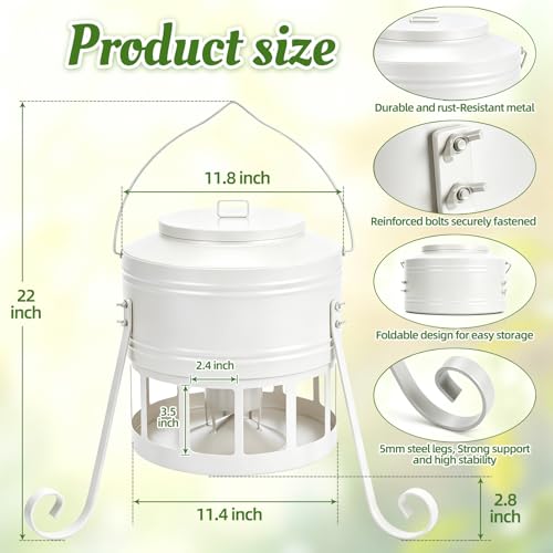 Metal Chicken Feeder, 20Lbs Large No Waste Chicken Feeder with 12 Ports, Heavy Duty Poultry Feeder with Lid & Handle, Rat Proof Rust Proof Feed Box for Chickens Ducks Geese Backyard Farm (White) - color: White