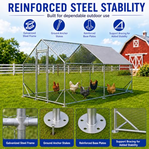 Large Metal Chicken Coop Run with Removable PE Cover, Walk-in Galvanized Steel Poultry Enclosure with PVC-Coated Wire Mesh and Lockable Door for Chickens, Ducks and Rabbits (10'Lx13' W x6.56'H) - size: 10'Lx13' W x6.56'H
