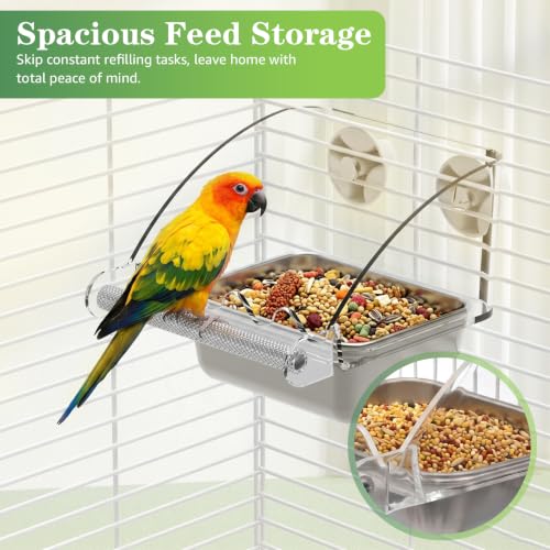 No Mess Bird Cage Feeder, Stainless Steel Parakeet Bowl with Perch | Easy to Install & Clean, No Spill Design, Hanging Bird Feeder for Budgie, Cockatiel, Conure, Lovebird, Canary, Finch