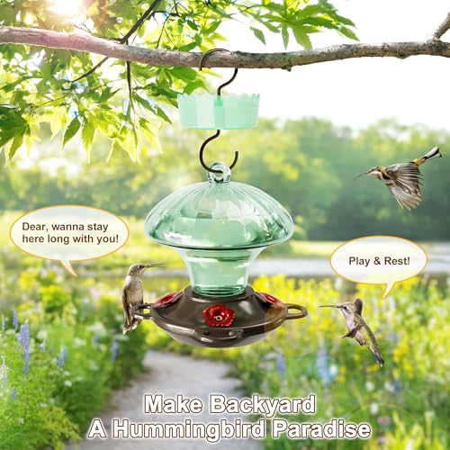 Auslar Glass Hummingbird Feeders for Outdoors Hanging, Green, 15 Oz | Hummingbird Feeder with Ant Moat & 4 Anti-Bee Feeding Ports, Ant and Bee Proof, Leakproof, Easy Clean and Fill, Garden Decor - color: Green