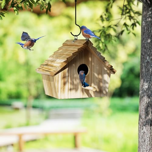 Auslar Bird Houses for Outside, Hanging Wooden Bluebird House for Outdoors | Birdhouses for Bluebird Cardinal Finch Wren Swallow, 1.57" Hole Bird Nesting Box with Perch & Hook, Garden Backyard Decor - style: Herringbone
