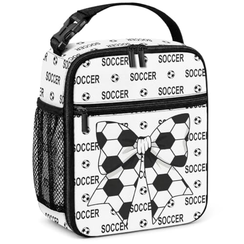 Lunch Box Girls Boys Insulated Lunch Bag for Kids Teen, Soccer Bow | Reusable Lunchbox, Cooler Tote Bag, Mesh Side Pocket, Easy to Clean, Waterproof Leak-Proof Lining for School Office Picnic - color: Soccer Bow