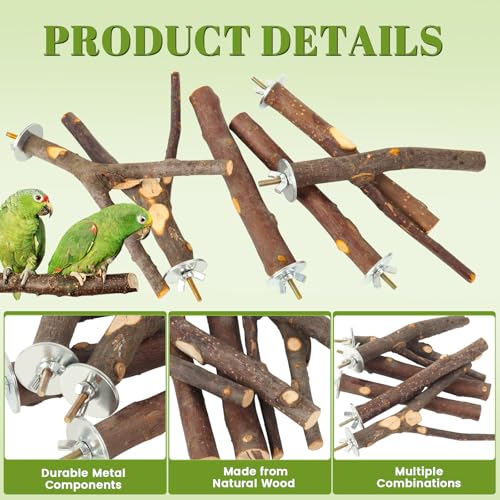 6 Pack Natural Wood Bird Perches for Cage, Wooden Parrot Perch | Wood Bird Stand Toy, Hardwood Branches, Climbing & Chew Toy for Bird Cage Accessories, Ideal for Parakeets Budgies Cockatiels - size: Medium Size-6 Pack