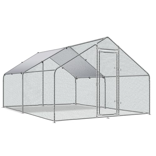 Large Metal Chicken Coop Round Top Upgrade Tri-Supporting Wire Mesh Chicken Run,Chicken Pen with Water-Resident and Anti-UV Cover,Duck Rabbit House Outdoor (Spire Roof 10’ W x 13’ L x 6.5’ H)