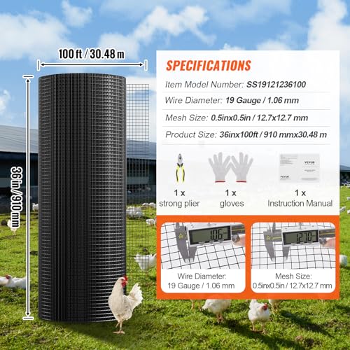 VEVOR Hardware Cloth, 36'' x 100' 1/2inch Galvanized Wire Mesh Roll, 19 Gauge Chicken Wire Fencing Roll, Vinyl Coating Metal Wire Mesh for Chicken Coop Barrier, Rabbit Snake Fences, Poultry Enclosures - size: 1/2inch 36'' x 100'