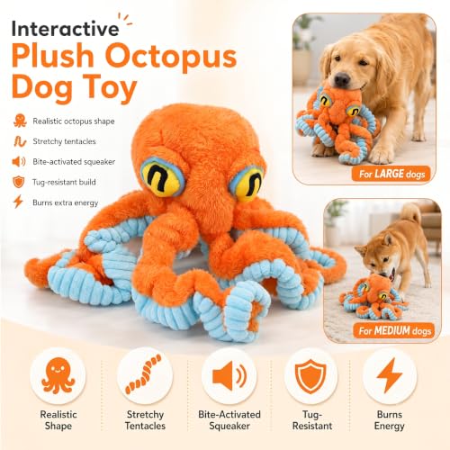 Squeaky Dog Plush Chew Toy, Interactive Tug Squeaky Toy for Chewers, Medium & Large Dogs & Fetch Play, 19.7 Inch Stuffed Octopus Toy with Flexible Spring Tentacles for Gentle Gum Care & Boredom Relief - color: Orange (Big Octopus)