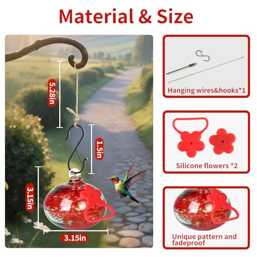Pozfun Small Hummingbird Feeders for Outdoors Hanging,Hand-Blown Glass Hummingbird Feeder with Silicone Feeding Perch,Never Leak,Gardening Gifts for Woman Man(Red) - color: Red