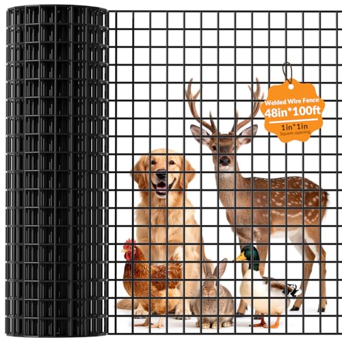 Welded Wire Fencing 1 ‘’x 1‘’ 48in x 100 ft，Vinyl Coated Welded Wire Mesh Roll,16GA Black PVC Coated Welded Wire Fence,Hardware Cloth for Yard Vegetable Protection Goat & Poultry Netting - size: 48in*100ft 1″×1″