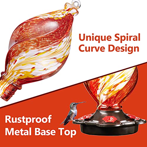 LUJII Ice Cream Shaped Spiral Hummingbird Feeder, Hand Blown Glass, 28 fl.oz, Leak Proof & Rustproof, Includes an Ant Moat for Outdoors Hanging, Unique & Stylish Garden, Outside & Backyard Decor (Red) - color: Red, size: Small