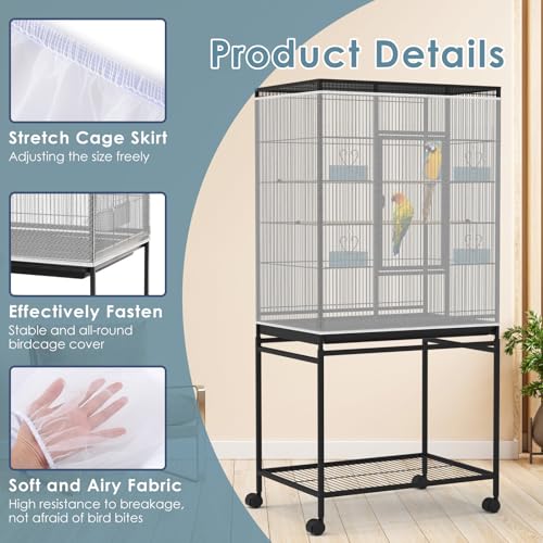 Bissap Bird Cage Seed Catcher, 90-118‘’ Universal Birdcage Net Nylon 31.8'' H Adjustable Elastic Band Stretchy Skirts Mesh Cover for Parrot Cage Seed Guard (Not Include Birdcage)- White - color: White