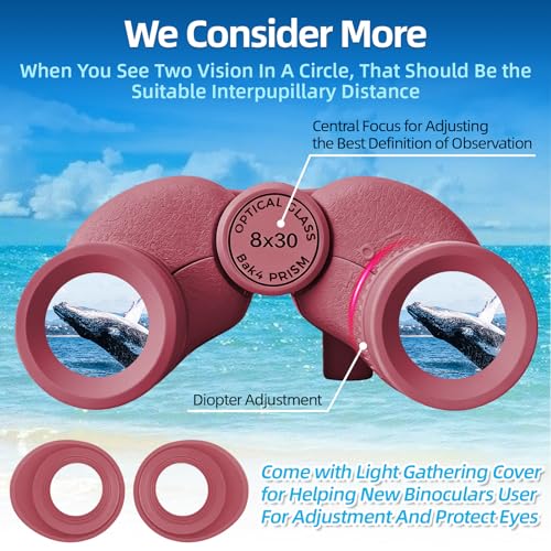 8x30 Binoculars for Adults, High Power Compact Binocular for Travel Hiking Concert Ship Cruise Hunting Bird Watching, Red Waterproof Binocular for Kid - color: Red, size: W/T Accessories