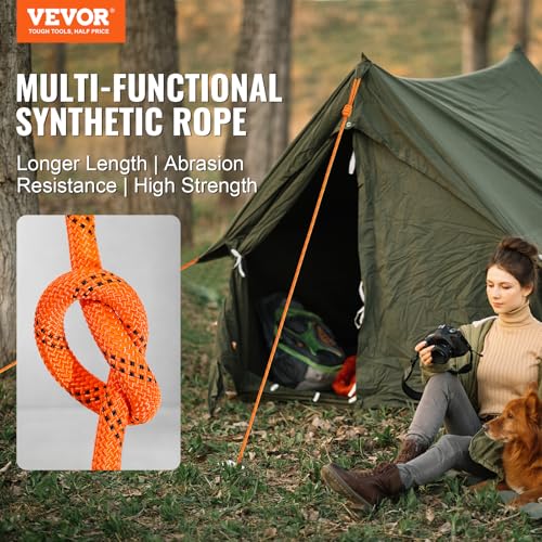 VEVOR Double Braided Polyester Rope, 1/2 in x 120 ft, 48 Strands, 8000 LBS Breaking Strength Outdoor Climbing Rope, Arborist Rigging Rope for Rock Hiking Camping Swing Rappelling Rescue, Orange/Black - size: 1/2 Inch x 120 FT, style: Polyester