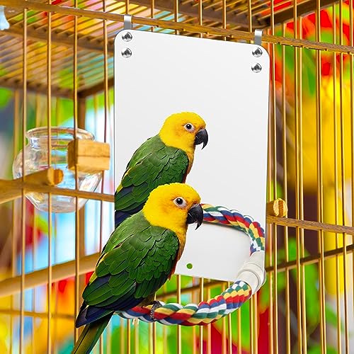 9.4‘’ Bird Mirror for Cage, Coolrunner Bird Parrot Mirror with Rope | for cockatiel conures, lovebirds, Parrot, canaries, and budgies - size: 9.4''