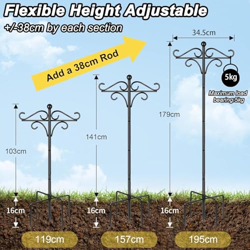Bird Feeder Pole Stand Squirrel Proof, 92 Inch Shepherds Hooks for Outdoor Heavy Duty Feeders Stand, Tall Double Garden Hooks for Hanging Plant Light, 1 Pack - size: 195cm