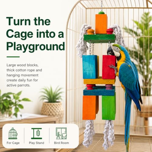 35.5" Extra Large Parrot Toys - Oversized Giant Wood Block Chew Foraging Toys for Macaws, African Grey, Amazon Parrots - Ready-to-Use Large Bird Cage Decor Gift - size: 35.5"