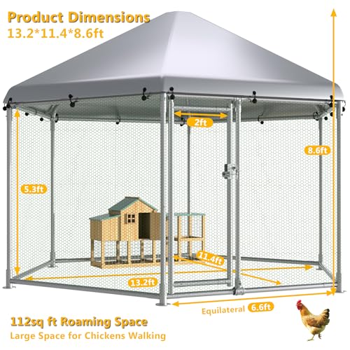 HITTITE Large Metal Chicken Coop with Run, 13.2 x 11.4 x 8.6 ft Walk in Poultry Cage Chicken Run Pen, Hexagonal Roof Outdoor Chicken Runs for Yard with Waterproof & Anti-UV Cover - size: 156.0"L x 156.0"W x 103.0"H