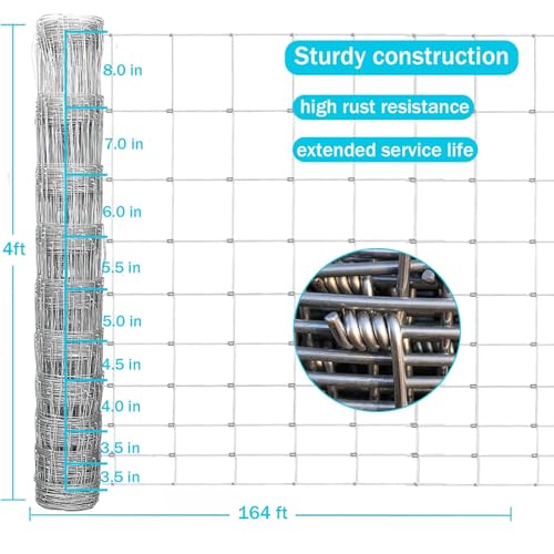 Farm Fence, 4ft x 164ft Galvanized Wire Fencing, Goat, Sheep & Deer, Durable Chain Link Fence, Heavy Zinc Coating Wire Used to Hog Goat Fencing for Yard Garden and Field - size: 48inX164ft