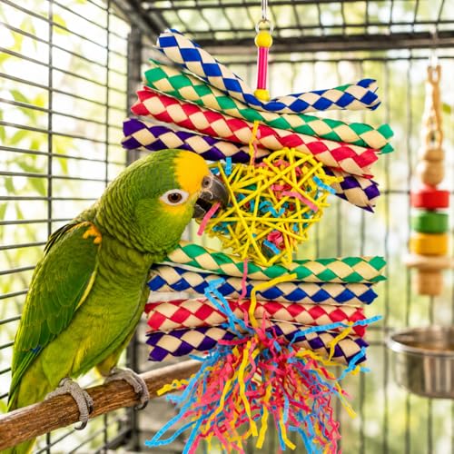 Bonka Bird Toys 1730 Foraging Valentine Heart Bird Toy for Medium Birds Shredding and Chewing Cage Toy Colorful Palm Leaf and Paper Foraging Toy 9" x 6" - color: Foraging Heart