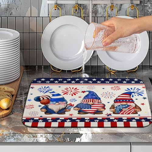 Patriotic Gnome Drying Mat 16x18 Inch American Memorial Day Independence Day Microfiber Dish Drainer Super Absorbent Dish Rack Mat for Kitchen Counter Holiday Decor - color: 4th of July Dish Drying Mats-A5-1, size: 16" x 18"