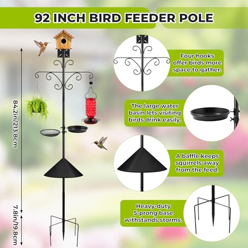 Bird Feeder Pole Stand - 92 Inch Bird Feeding Station for Outdoor Outside, Heavy Duty Adjustable Birdhouse Pole Standing with Base Kit, Includes 4 Hook Water Basin Tray for Garden Yard