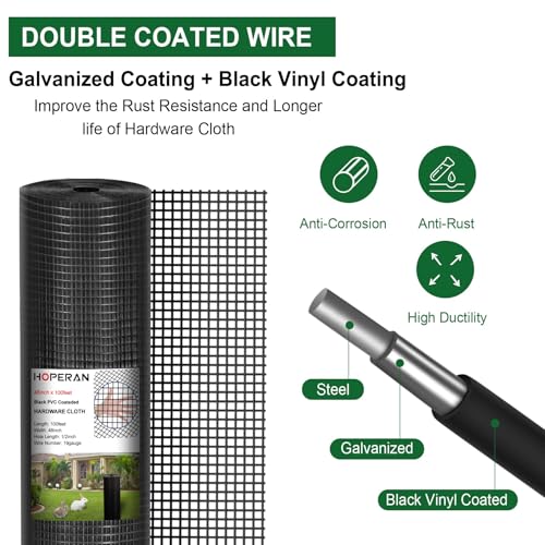 HOPERAN Black Hardware Cloth 1/2 Inch 36 x 100 Ft 19 Gauge Chicken Wire | Vinyl Coated Welded Chicken Wire Fencing Mesh, PVC Wire Fence Roll for Garden Fence, Gopher Wire and Poultry Netting Cage - size: Black 1/2" 36in × 50ft