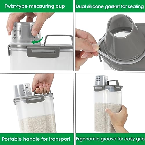 TBMax Rice Container Cereal Storage Container 2 Pack 5 Lbs, Kitchen Pantry Dry Food Storage Holder with Easy-Pouring Spout & Handy Cup, Small Pet Dog Cat Food Dispenser for Daily Feeding -Grey - color: Grey 3+3Qt