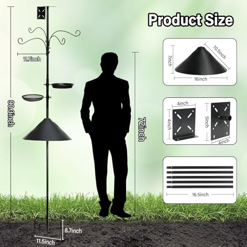 99 Inch Bird Feeder Pole with Squirrel Baffle, 360° Rotating Heavy Duty Bird House Pole for Outdoors Garden Yard, Adjustable Height Bird Feeder Stand with Shepherds Hooks Metal Trays