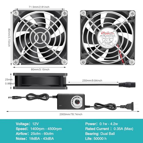 Wathai 80mm Small Computer Cooling Fan with AC Plug 110V 120V 220V 240V | 80 mm Small Electric Plug in Case Fan, Corded Mini Square Ventilator Blower for Outdoor Greenhouse Terrarium. - size: 80mm