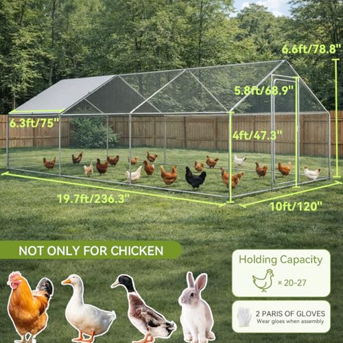 COMHOMA 19.7x10x6.6FT Large Metal Chicken Coop Walk-in Poultry Run | Galvanized Steel Outdoor Cage with Waterproof Roof & Lockable Soor. Ideal for Hens, Ducks, and Rabbits - size: 236.3"L x 120.0"W x 78.8"H