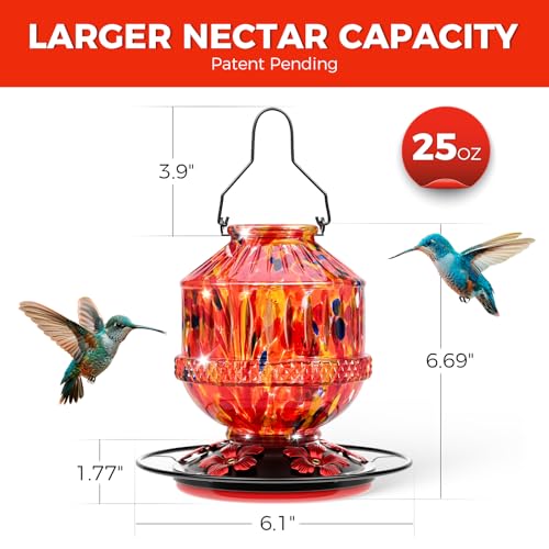 Blown Glass Hummingbird Feeders for Outdoors, 25 Ounces Wild Bird Nectar Feeder with Perch & 5 Flower Feeding Ports Leak Proof Hanging for Garden Backyard Decor, Gifts for Women Mom, Sunrise Red - color: Sunrise Red