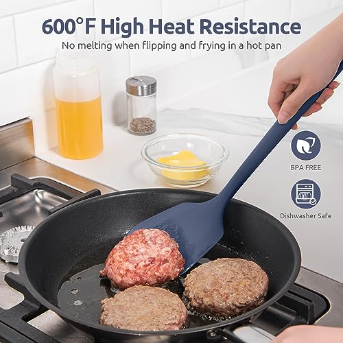 U-Taste 600ºF Heat Resistant 13.6in Long Solid & Slotted Silicone Turner and 12.6in Stainless Steel Danish Dough Whisk (Midnight Blue)
