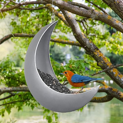 Hanging Moon Bird Feeder – Unique Metal Bird Feeders for Outdoors, Silver Rust-Resistant, – Wild Bird Feeder for Bluebirds, Cardinals, Finches, and Backyard Birdwatching - color: Silver