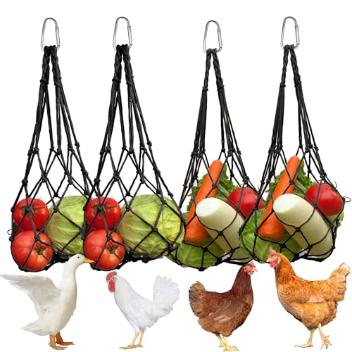 Chicken Vegetable Fruit Hanging Feeder 4Pcs, Reusable String Bag with Hook for Chicken Coop Toys, Poultry Feeding Tool for Hens,Duck,Goose(Black) - color: Black
