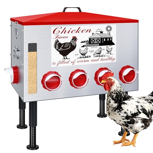 100Lb Automatic Chicken Feeder with Window 8 Port No Waste Rust-Proof Galvanized Steel with Locking Lid & Adjustable Height Legs Waterproof Portable Poultry Feeder for Chickens,Ducks,Geese