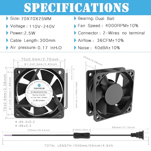70mm EC Brushless Fan,Dual Ball Bearing,70x70x25mm AC 110V 120V 220V 240V Axial Cooling Fan with AC Powered ON/Off Switch for DIY Cooling, Box, Cabinet, Exhaust Chassis - size: 70mmx25mm Axial
