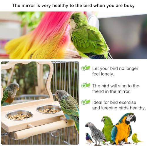 Bird Perch Platform Toy with Mirror, Standing Rack & Stainless Steel Bowl - Wooden Play & Exercise Gym Stand, Cage Accessory for Cockatoos, Lovebirds, Budgies, Pacific Parrotlets & Canaries