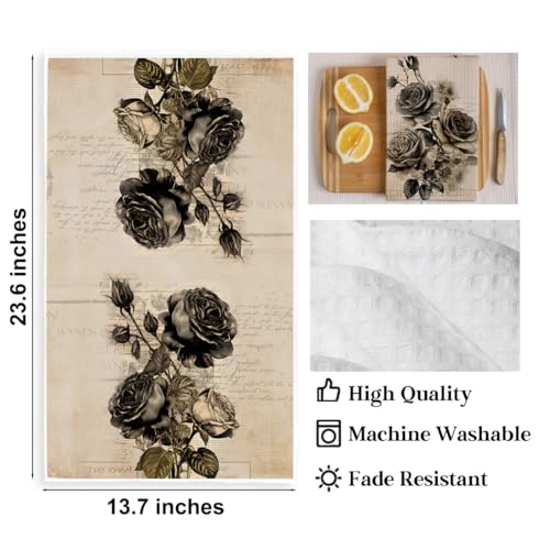 2 Pcs Vintage Black Rose Kitchen Towels, Dark Aesthetic Decorative Absorbent Microfiber Dish Cloth Tea Towel, Waffle Soft Hand Towels for Farmhouse Home Bathroom, Housewarming Gifts - color: Multi 0441
