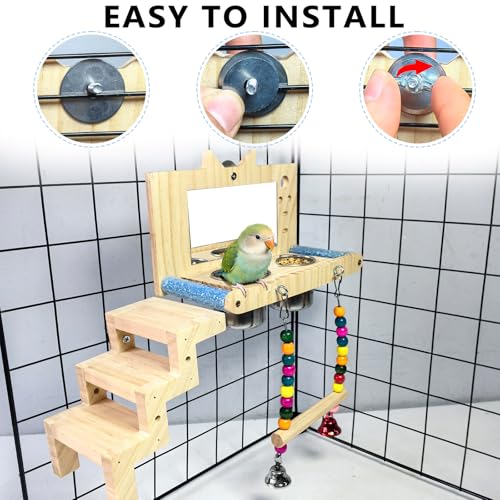 Bird Perch Platform with Mirror Ladder Swing Bowl,Parrot Play Gym Cage Toys | Bird Wood Playing Exercise Stands Perches,Parakeet Climbing Ladder Playground Cage Accessories for Cockatiel Budgie Lovebird - size: Bird Perch Platform with Mirror Ladder Swing