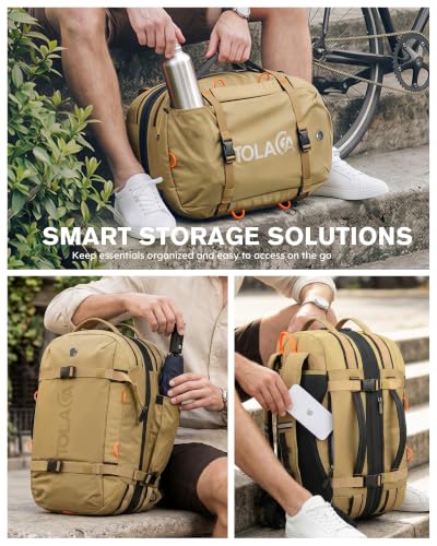 Tolaccea Travel Backpack 40-50L, 16" Laptop Carry On Duffle for Travel Work | 40-50L Expandable, TSA Approved 180° Open, 3L Wet-Dry Pocket, RPET Fabric, 3-in-1 Convertible Carrying, Detachable Waist Belt - color: Khaki