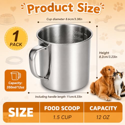 1.5 Cup Dog Food Scoop, Stainless Steel Dog Food Measuring Cup with Handle | Pet Food Scoop Cup for Dogs, Cats, Birds, Rabbits, for Dry Food and Treats