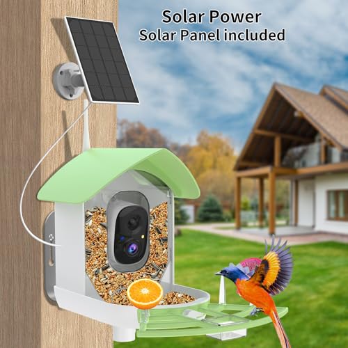 Bird Feeder with Camera,Smart AI Birds Breed Recognition,Birds Motion Detection with Real-Time Notice,Auto Capture Bird Watching WiFi Camera,Solar-Powered Outdoor Charging Bird House,Ideal Gifts,Green | Auto records FHD videos of birds in your backyard,In