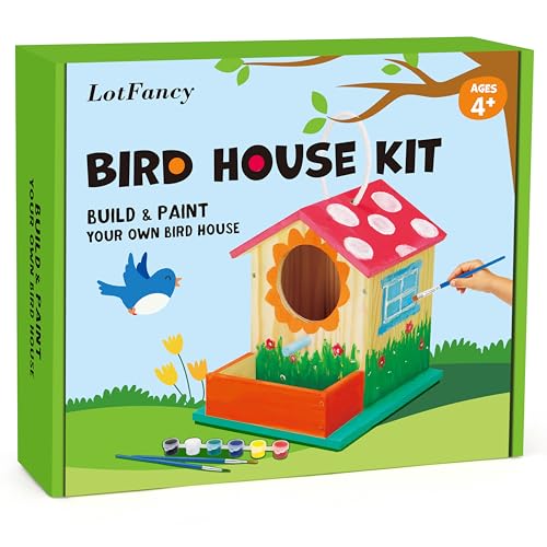 LotFancy Bird House Kit, 2 Pack, DIY Wooden Birdhouse Kits, Arts and Crafts Painting Kit for Kids, Build and Paint, Including Paints & Brushes - style: Paint 2pcs Bird House