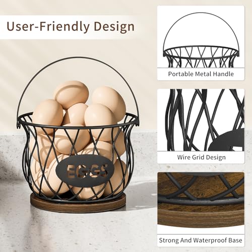 YINMIT Chicken Egg Basket, Round Egg Collecting Basket for Gathering Fresh Eggs, Farmhouse Wire Egg Basket with Handle, Egg Collector with Heavy Base for Kitchen Countertop