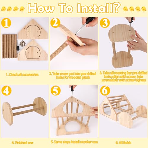 2P Wood Chick Perch Stand, Chick Roosting Bar for Brooder with Rope | Update Rope Pole, 100% Natural Material, 9 Roosting Bars, With Holes, Easy to Install, For Professional Farms, Coops & Home