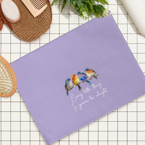 Every Little Thing is Gonna Be Alright Kitchen Towels 16x24 Inch, Sparrow Bird Gifts for Bird Lovers Women, Inspirational Quotes Tea Hand Towels(Purple) - color: Purple