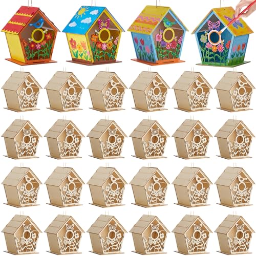 DoubleFill 24 Pack Wooden Bird Houses Painting Craft Kit Unfinished DIY Wood Birdhouses to Build and Paint for Summer Arts and Craft Projects Class Parties Birthday Party Favors