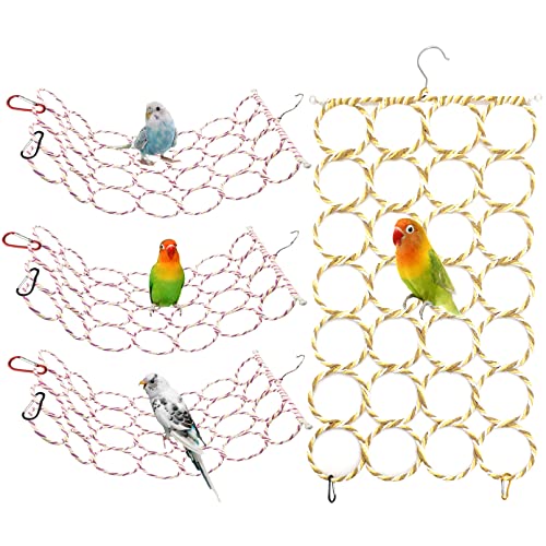 BNOSDM 4 Packs Bird Hemp Rope Net Swing Climbing Rope Net for Birds Parrot Ladder Macaw Hanging Hammock Activity Toy for Rats Parakeet Cockatiel Cockatoo Conure African Grey Budgie